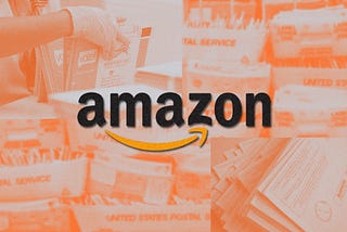 Amazon logo juxtaposed over a collage of images with letters and mail-in ballots at the USPS.