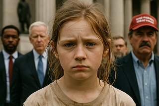 Picture of a poor American girl standing in front of a Crowd of MAGA supporters