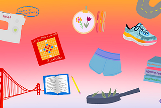 Shorts, running shoes, Scrabble board, Golden Gate Bridge, a stack of books, and sewing supplies on a gradient background.