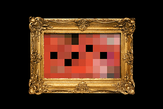A blurry image made of very large red and black pixels displayed in an ornate gilded frame.