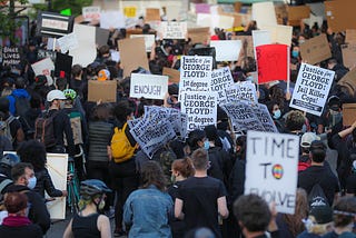 Hundreds of protesters in Dudley Square demand justice for George Floyd in Downtown Crossing in Boston on May 31, 2020.