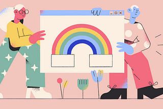 Ilustração de duas pessoas em uma paisagem florida segurando uma página de navegador de internet com um arco-íris.