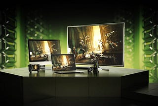 A product shot of GeForce Now, Nvidia’s new game streaming platform gameplay, with gameplay across different screens.