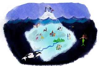 A stylized iceberg floats in the ocean, with two business-suited figures shaking hands at its small, visible peak. Below the water’s surface, the much larger submerged portion features whimsical scenes — a dancing pair, a deer, a castle, a couple with children, an orca, a mermaid, an owl in flight, and small fish — suggesting a hidden world under the waves.