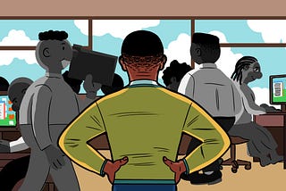 A Black person with very short hair standing with their back to us with their hands on their hips. They’re facing an office populated with all Black coworkers. Large glass windows show a partly cloudy sky.