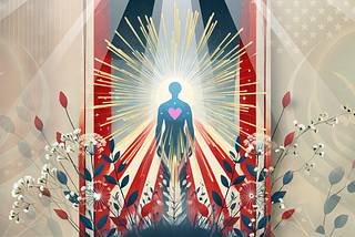 A red, blue and white vector image of a person with a big pink heart standing in a field of flowers, rays of light emanating from them.