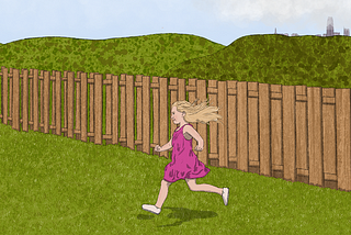 Illustration of a child running in a fenced-in backyard, the San Francisco skyline visible in the far distance.