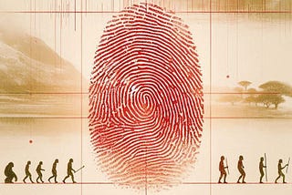 An image of a red fingerprint on a yellow background representing ancient history images, and on the bottom different human figures evolving over time