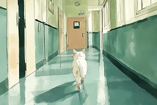 A white cat walks down the hall of a hospital