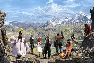 The ensemble cast of Final Fantasy VII Rebirth, consisting of Cid Highwind, Cait Sith, Tifa Lockhart, Aerith Gainsborough, Cloud Strife, Barret Wallace, Red XIII, Yuffie Kisaragi, and Vincent Valentine, standing on a cliff overlooking a vast area of fields and mountains.