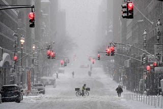A snow covered street in midtown during a winter storm on February 1, 2021 in New York City.