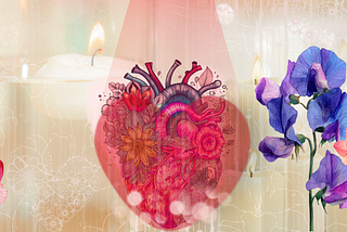 A decorative illustration showing an anatomical heart in the center with flowers growing from it. The heart is pink and semi-transparent with detailed floral patterns inside. A lit candle with a glowing flame sits at the top left. Purple irises are positioned on the right side, pink and coral freesias on the left and lower right. The background features pale botanical line drawings of leaves and stems. The overall color palette includes soft reds, pinks, purples, corals, and cream tones.