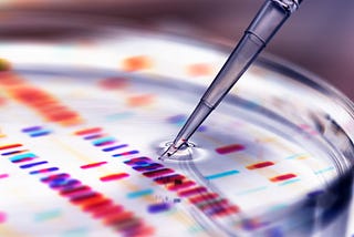 A pipette adds a sample to petri dish with DNA profiles in background.