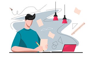 An illustration of a man at a desk, holding a pencil and piece of paper. He’s looking down at a laptop on the desk. There are bits of paper and shapes floating around his head.