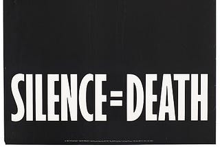 A pink triangle against a black backdrop with the words ‘Silence=Death’ representing an advertisement for The Silence = Death