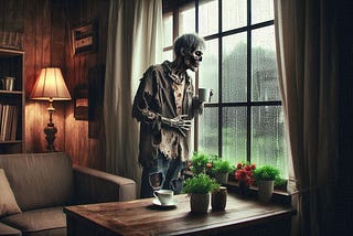 Dark atmospheric horror scene with zombie in tattered suit standing by rain-streaked window in cozy wood-paneled room. Interior features brass table lamp, brown couch, bookshelf, and potted plants on windowsill. Moody lighting contrasts warm interior with gray rainy day outside, creating eerie juxtaposition between domestic comfort and undead horror. Digital art in cinematic style.