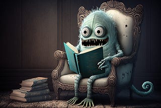 A blue monster sitting in an armchair holding a book, its eyes bugged out like its brain broke a little.
