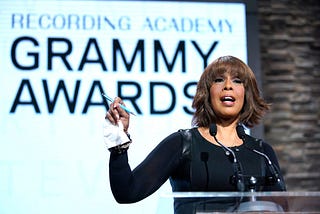 A photo of Gayle King speaking at the Grammy Awards Nominations in November 2019.