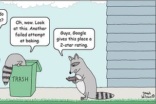 Fox asks raccoon what’s in the trashcan, which gets 2-star rating.