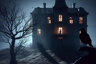 A dilapidated mansion sits atop a hill. A skeletal tree sits in the midground and a single black crow sits in the foreground. In a lit window, the silhouette of a man can be seen.
