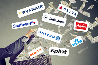 A man throws cash into the air as logos of major airlines including Ryanair, Spirit, Delta, Lufthansa, KLM, and AirAsia fly out of a basket, representing excessive airline fees.