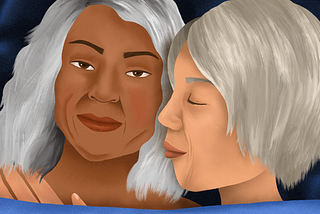 An illustration of two women in bed holding each other.