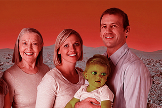 2 parents, 2 grandparents, a teenager, and a baby pose for a family portrait on a red martian landscape