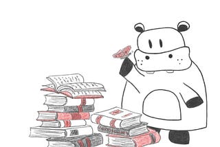 Two stacks of books, pencil drawn in black and red right next to an anthropomorphized cartoon hippopotamus who looks at a red butterfly.