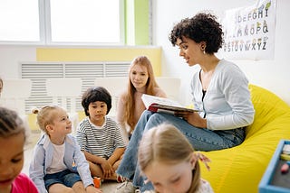 A teacher sitting on a bean bag reading a book to a group of her young students.