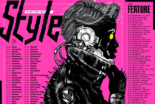 Two-page spread from Cy_Borg. Mostly black text and image on hot pink background. Features a feminine person silhouetted against background, wearing a jacket with a high collar and small spikes on the back, with heavy cybernetics around their ears and jawline, with yellow eyes and a short boyish hairdo. The word “Style” is at the top right, and both pages have d100 tables of styles and personality features in smaller black text.