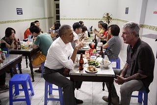 President Barack Obama eating with Anthony Bourdain in Hanoi, Vietnam in 2016