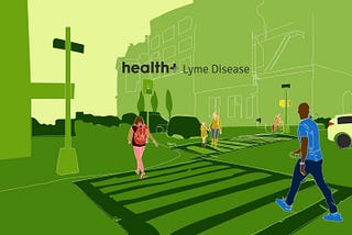 Illustration of people crossing a crosswalk in a city. At the center is the title “health+ Lyme Disease.”