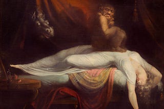 An oil painting of a woman in deep sleep with an ape-like incubus crouching on her chest, while a dark horse looks on through a red curtain or tent flap behind them.