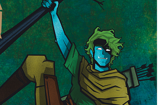 A blue-skinned Ranger hangs from a tree. He wears green brown clothes, with a bow in his left hand and a quiver of arrows strapped to his back.