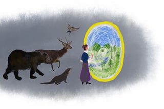A woman in a blue blouse and long skirt stands in front of a glowing yellow portal or mirror, through which a lush green forest is visible. Behind her, a bear, a deer with antlers, and an otter appear to follow, while a swallow soars overhead. The background is a soft gray haze, highlighting the bright, circular portal reflecting a vibrant natural landscape.