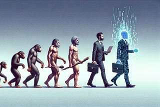 Evolution of man, from monkey to caveman to modern man, to digital man.