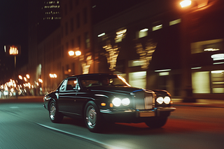 “Classic black luxury car driving through a bustling city street at night, its headlights illuminating the road. Motion blur emphasizes speed and sophistication, while the urban skyline with tall buildings and streetlights enhances the scene’s dynamic energy. Perfect for showcasing timeless elegance and high-end automotive design in a modern city setting.