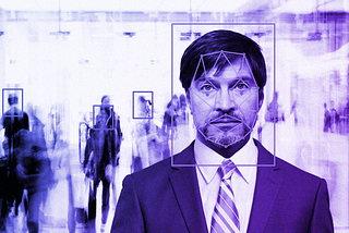 Illustration of facial recognition technology on a man in a suit.