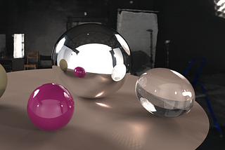 Rendered image of four spheres sitting on a disk with an image-based environment light.