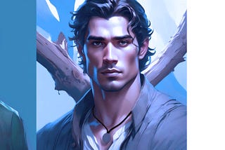 Left is Jayden, a man in his twenties with curly brown hair and green eyes. Right is Maxwell, a man in his early thirties with dark hair, obsidian eyes and a driftwood complexion.