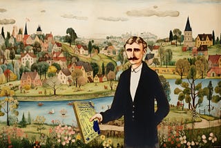 Depiction of a man holding the book “Looking Backward” and standing in front of a pretty town