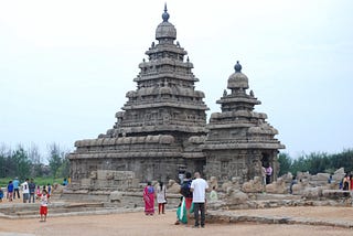 One of the ancient Panca-Ratha temples in Mahabalipuram at the shore of the ocean. India.