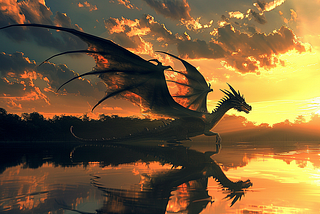 Dragon at sunset on a lake