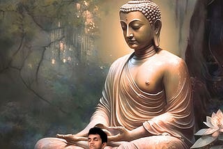 An illustration of the author meditating at the feet of a Bronze Buddha in nature