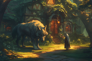 An old woman and a white dire wolf stand in front of a cozy cottage in the woods.