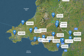 A map showing a pin for each postcode for the 23 organisations in Wales listed in the article