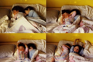 4 vintage family photos of two children sleeping in bed, arranged in a grid pattern.