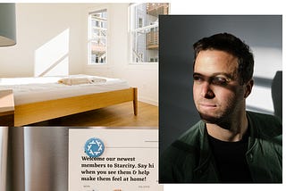 A photo collage of an empty bedroom, a portrait of Starcity CEO Jon Dishotsky, and a refrigerator with a welcome card.