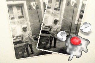 Two nearly identical black and white old photos of a smiling toddler, two or three years old, wearing a bonnet and a patterned dress, standing on a concrete path in front of a house with decorative elements near a white door. The photos are angled slightly. In the bottom right corner, there is a pencil-style sketch of a cracked raw egg, with yolk and egg white spilling softly, drawn in greyscale with red in the yolk. The tone is nostalgic.