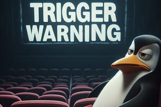 A cartoon penguin sits in an empty cinema gazing directly to the audience with an annoyed ‘tired of this’ expression. Displayed on the cinema screen behind the Penguin are the words ‘Trigger Warning’ in bold white font.